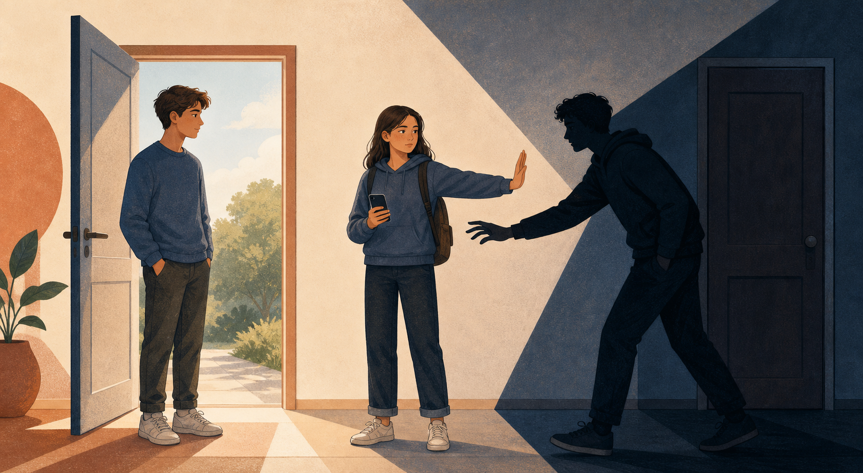 A teenager is shown between a peer who respects their space and another peer who crowds them and reaches for their phone.