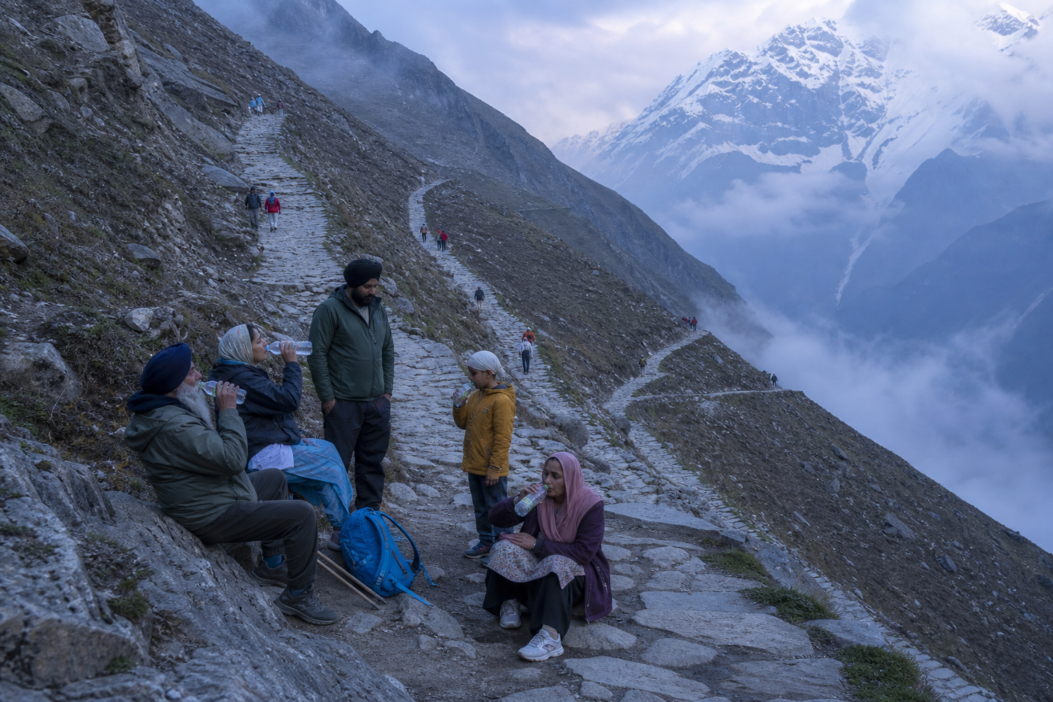 Sikh pilgrims pause for water on the steep stone trail toward Hemkund Sahib as mist and snow-streaked Himalayan peaks fill the background.