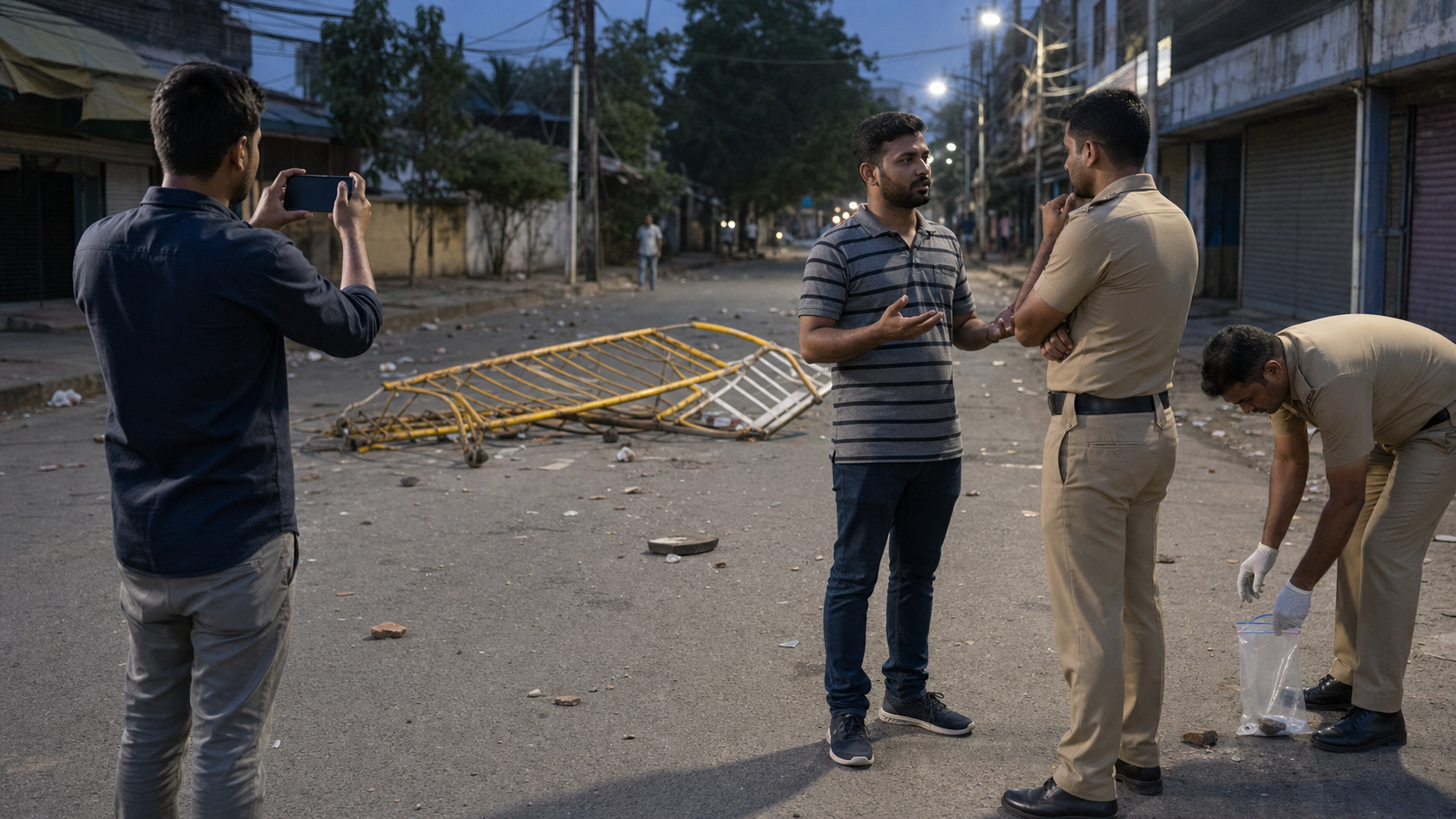 Residents and police document a damaged street barrier and scattered debris after a disturbance, with one witness giving a statement from a safe area.