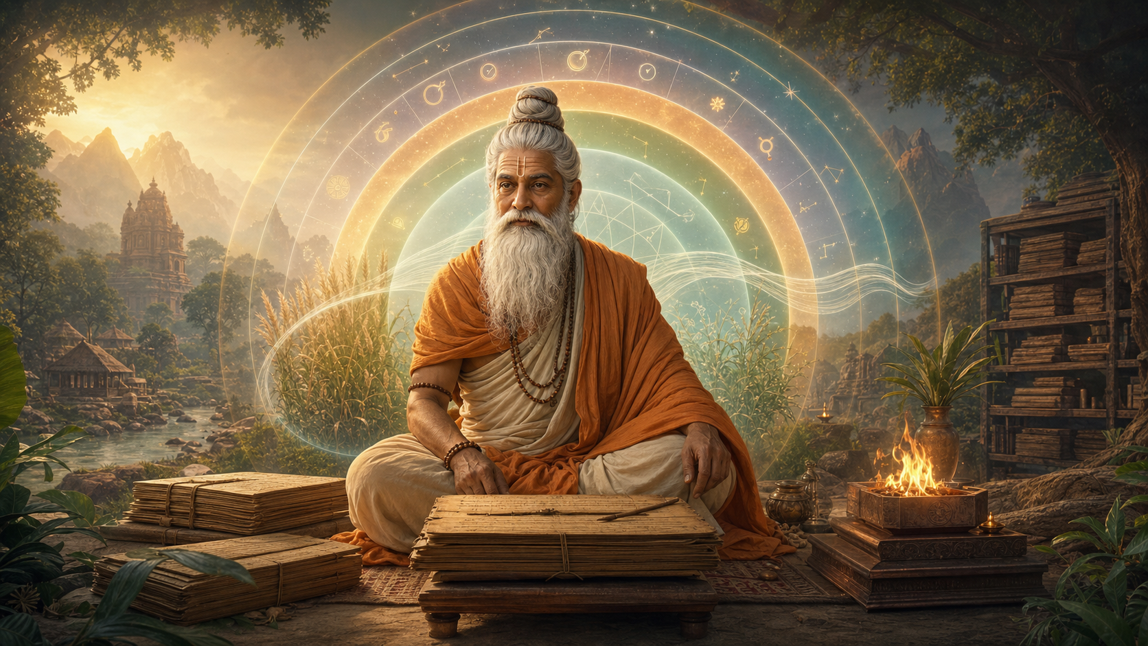Digital illustration of Bhrigu Maharshi seated with palm-leaf manuscripts, a Vedic fire altar, and a luminous Jyotisha chart in a forest ashram.