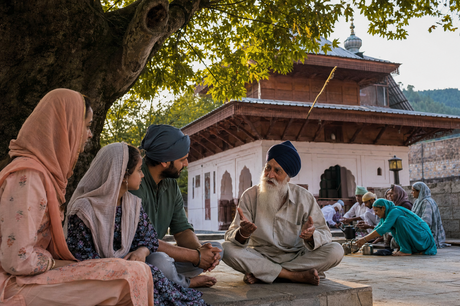 A local Sikh elder speaks with visiting pilgrims beneath a chinar tree in the courtyard of a traditional Kashmiri gurdwara.