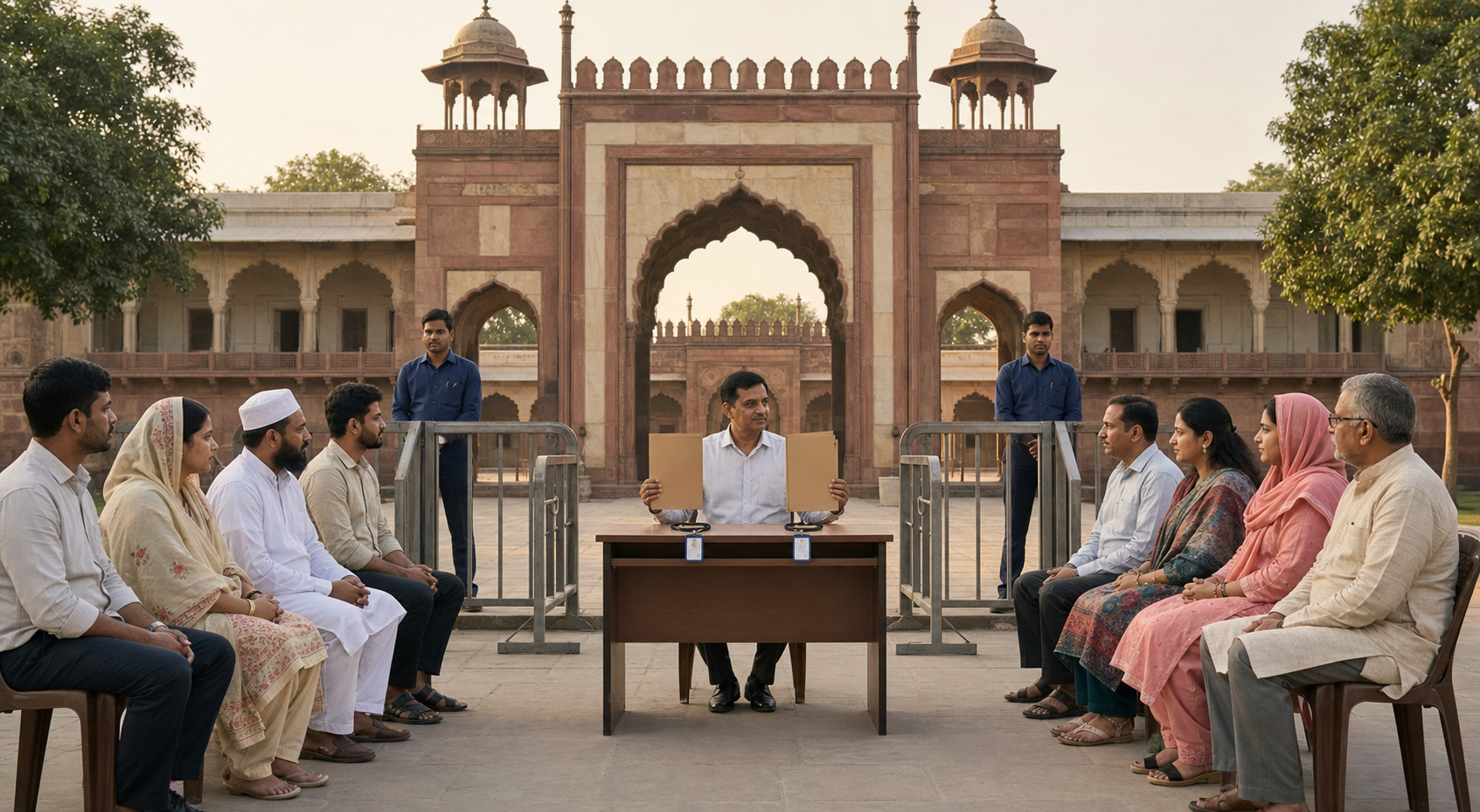 A civic administrator presents identical folders and access passes to two resident delegations at a barrier-controlled historic public entrance.