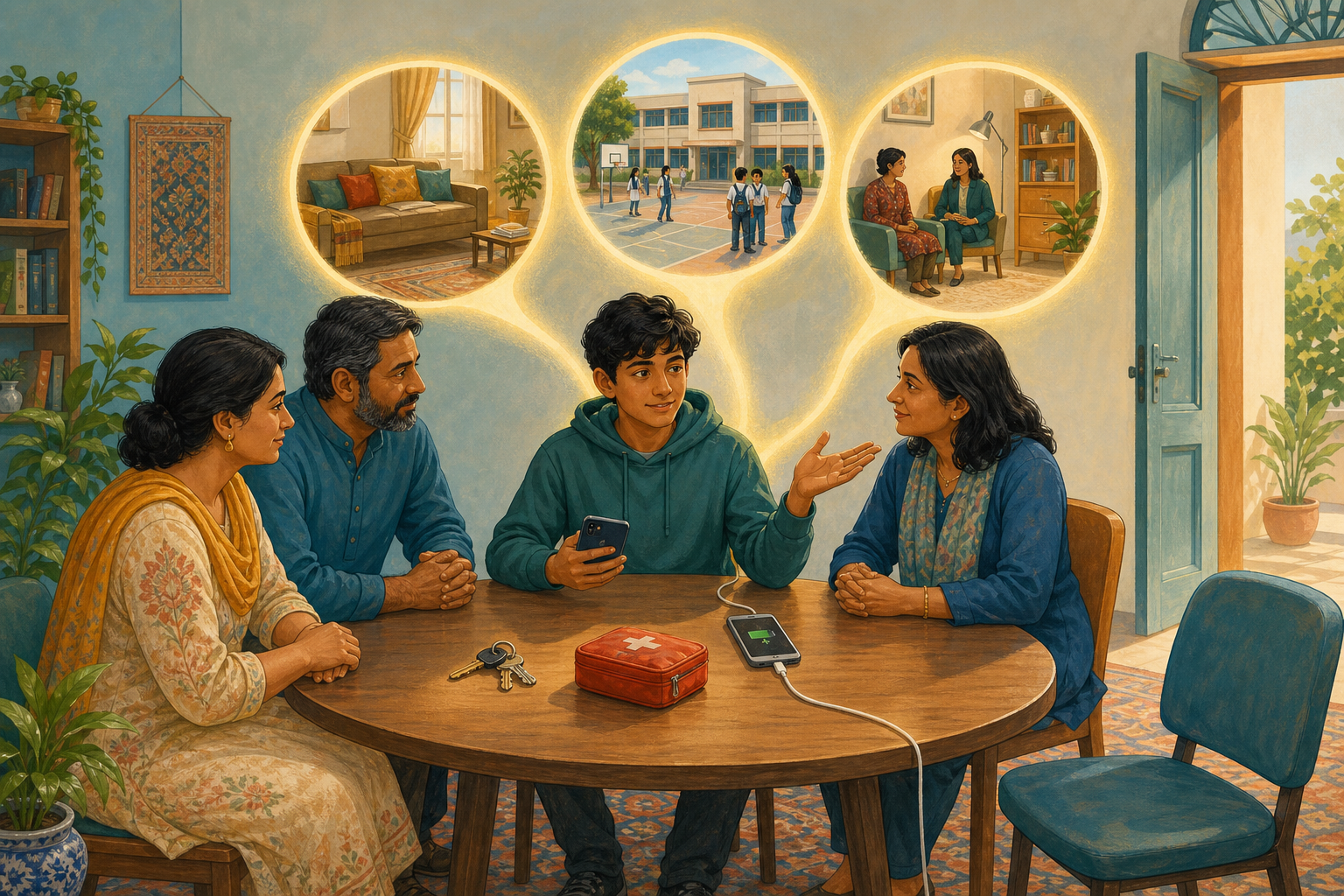 A teenager meets at a round table with a parent, a school counselor, and a youth-support professional in a bright community room.