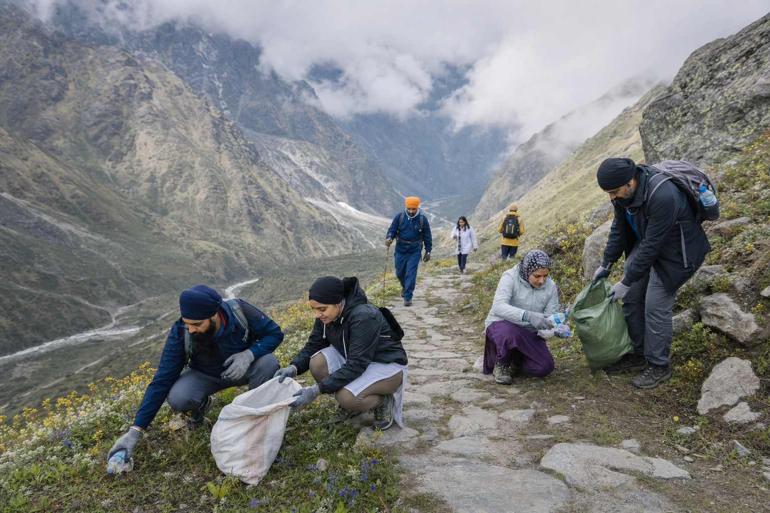 Volunteers collect litter in reusable sacks beside a Himalayan pilgrimage trail while protecting the surrounding alpine vegetation.