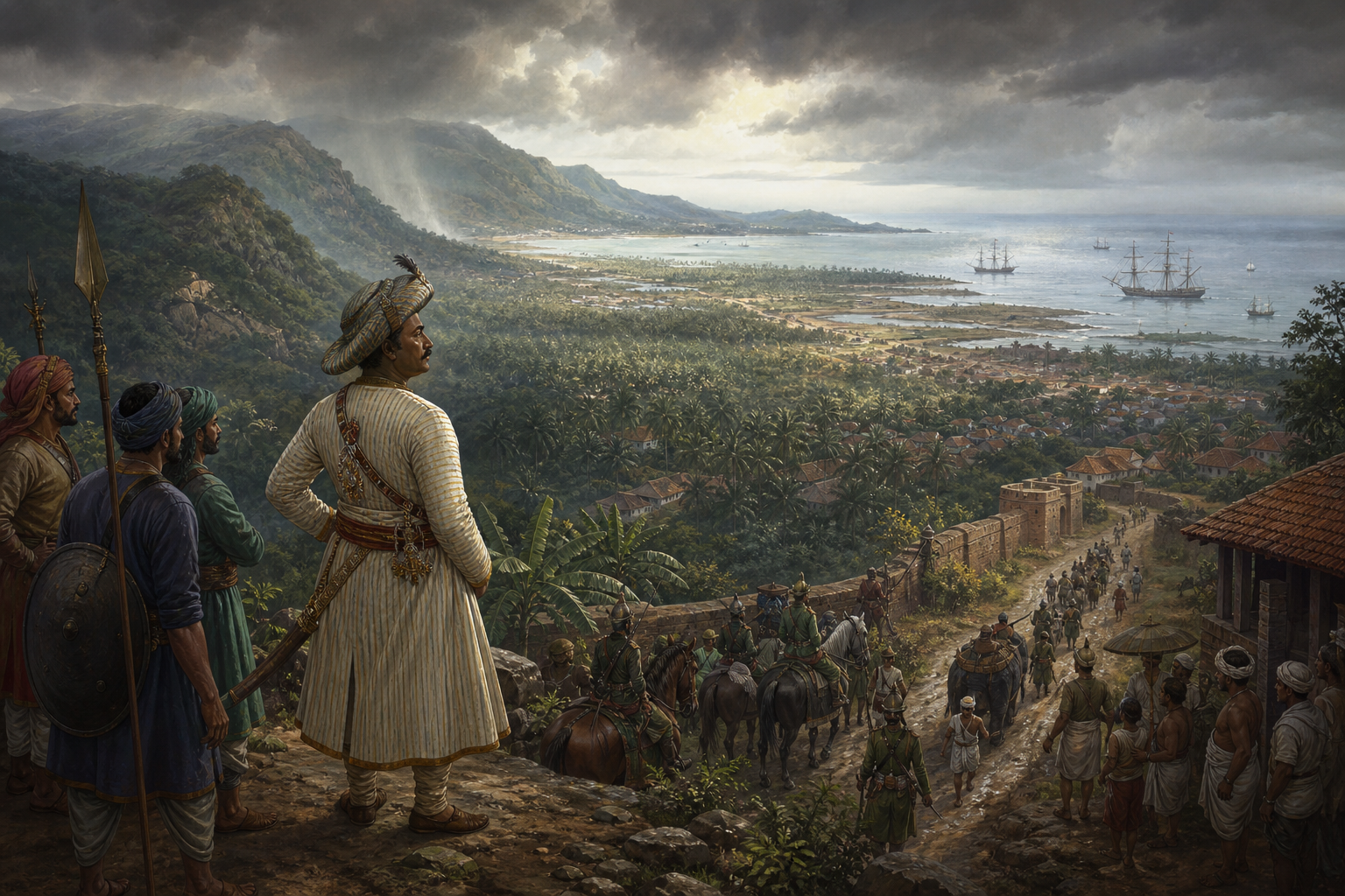 Editorial illustration of Tipu Sultan overlooking a late eighteenth-century Malabar landscape with Mysorean troops, villages, hills, and distant British ships.