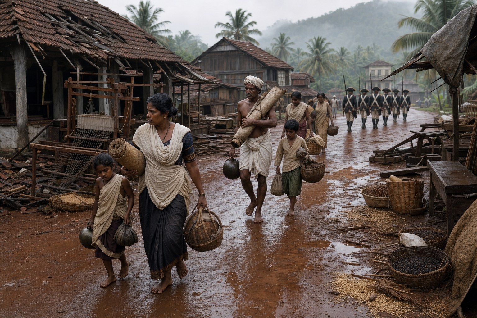 Malabar families carrying household belongings through a rain-soaked market street with shuttered stalls, spilled grain, damaged buildings, and soldiers in the distance.