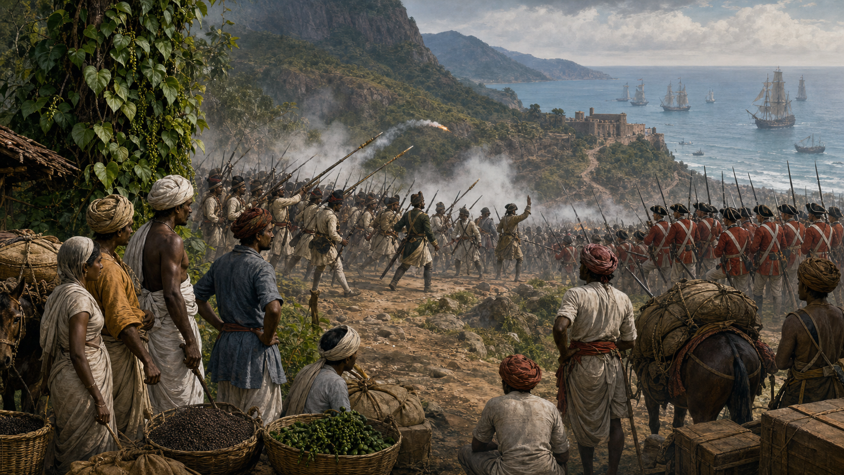 Mysorean and British forces face each other near a mountain fort while Malabar cultivators, merchants, and porters watch from the foreground.
