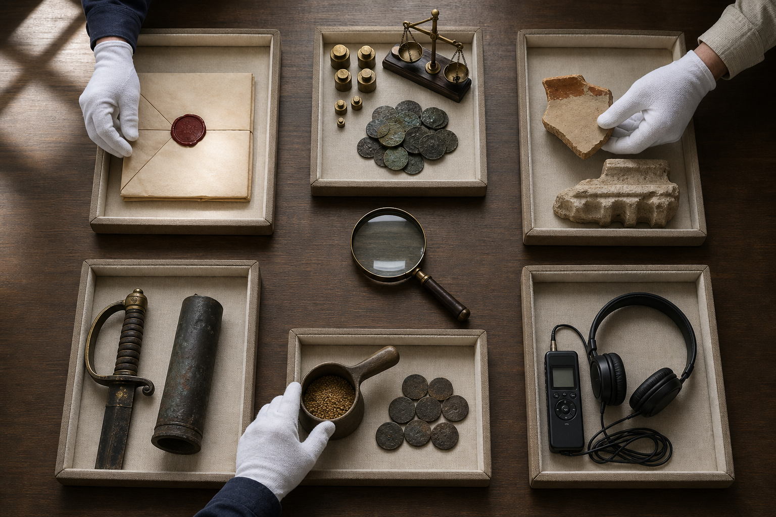 Overhead archival table with six groups of evidence, including a sealed folio, coins, artifacts, weapons, trade measures, and an oral-history recorder.