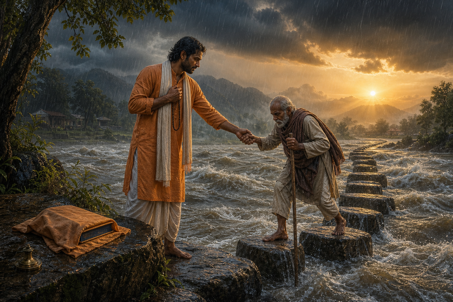 A devotee holding prayer beads helps an elderly traveler cross a wet riverside path as sunlight breaks through monsoon clouds.