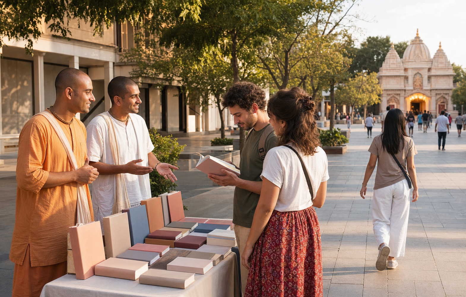 Vaishnava volunteers offer unbranded spiritual books at a public table while a warmly lit Hindu temple entrance appears in the distance.