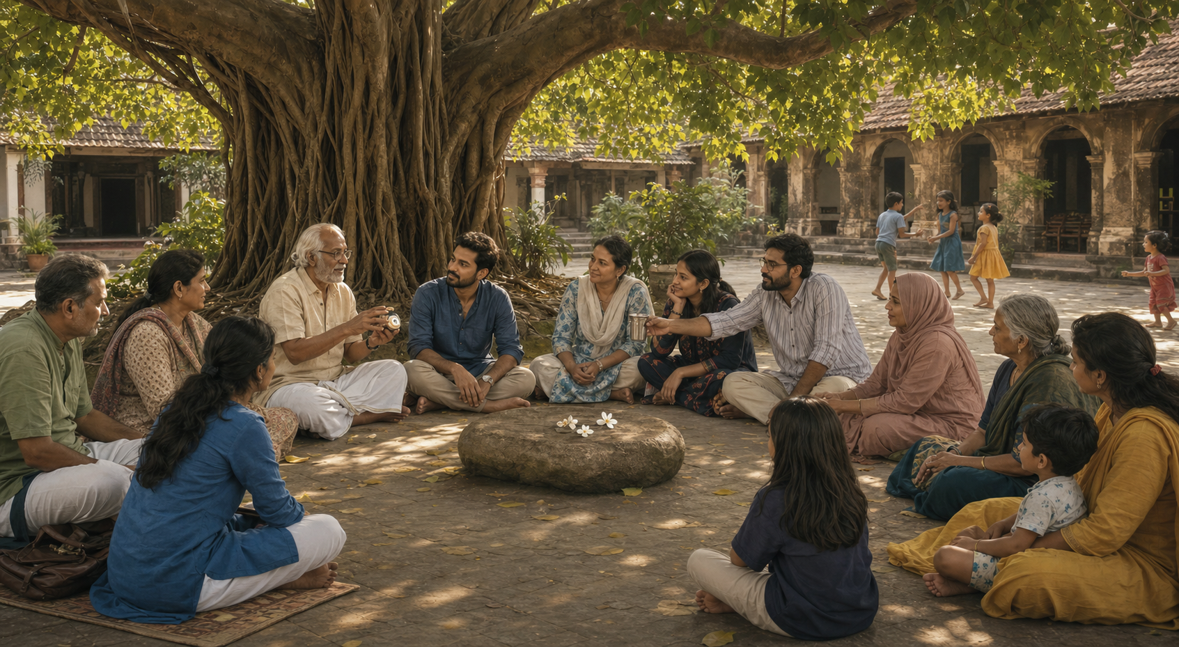 A multi-generational group sits in a listening circle beneath a banyan tree around an unmarked stone and loose white flowers.
