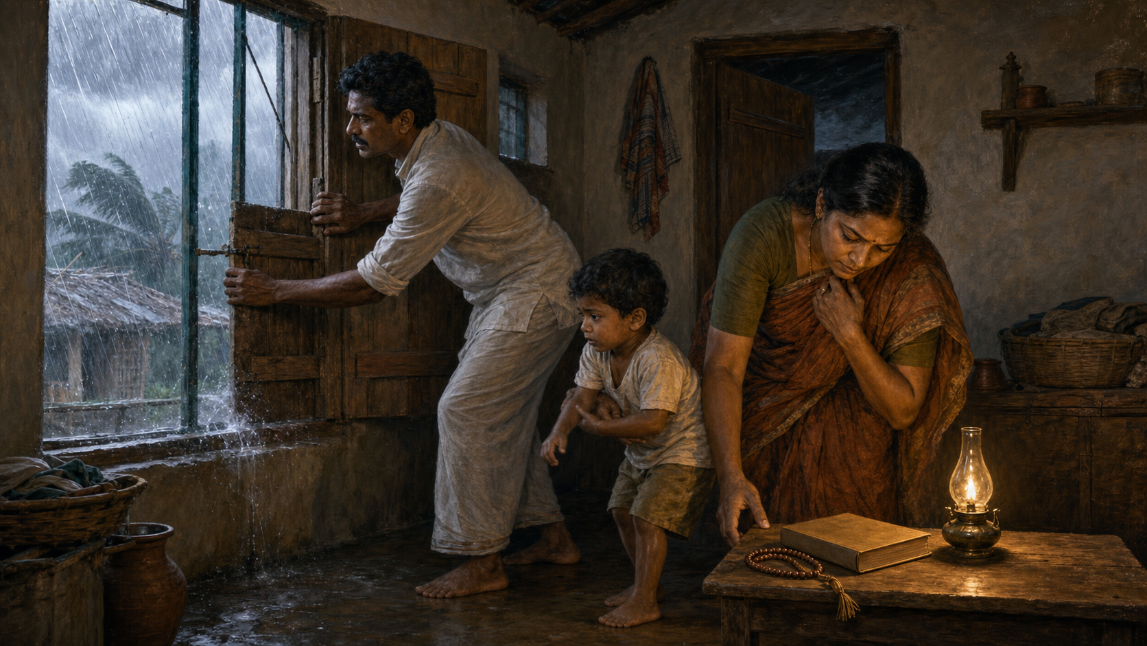 Two adults secure a home during a storm while a child waits beside an oil lamp, prayer beads, and an unmarked sacred book.