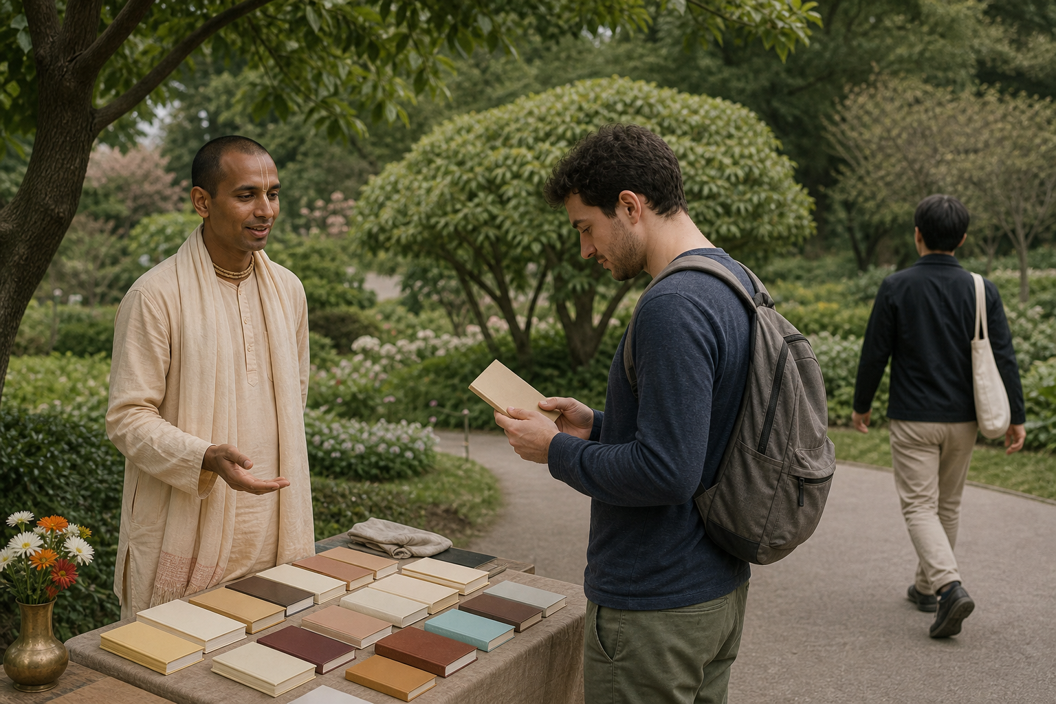 A visitor examines an unbranded spiritual book while a Vaishnava volunteer waits at a respectful distance beside an outdoor table.