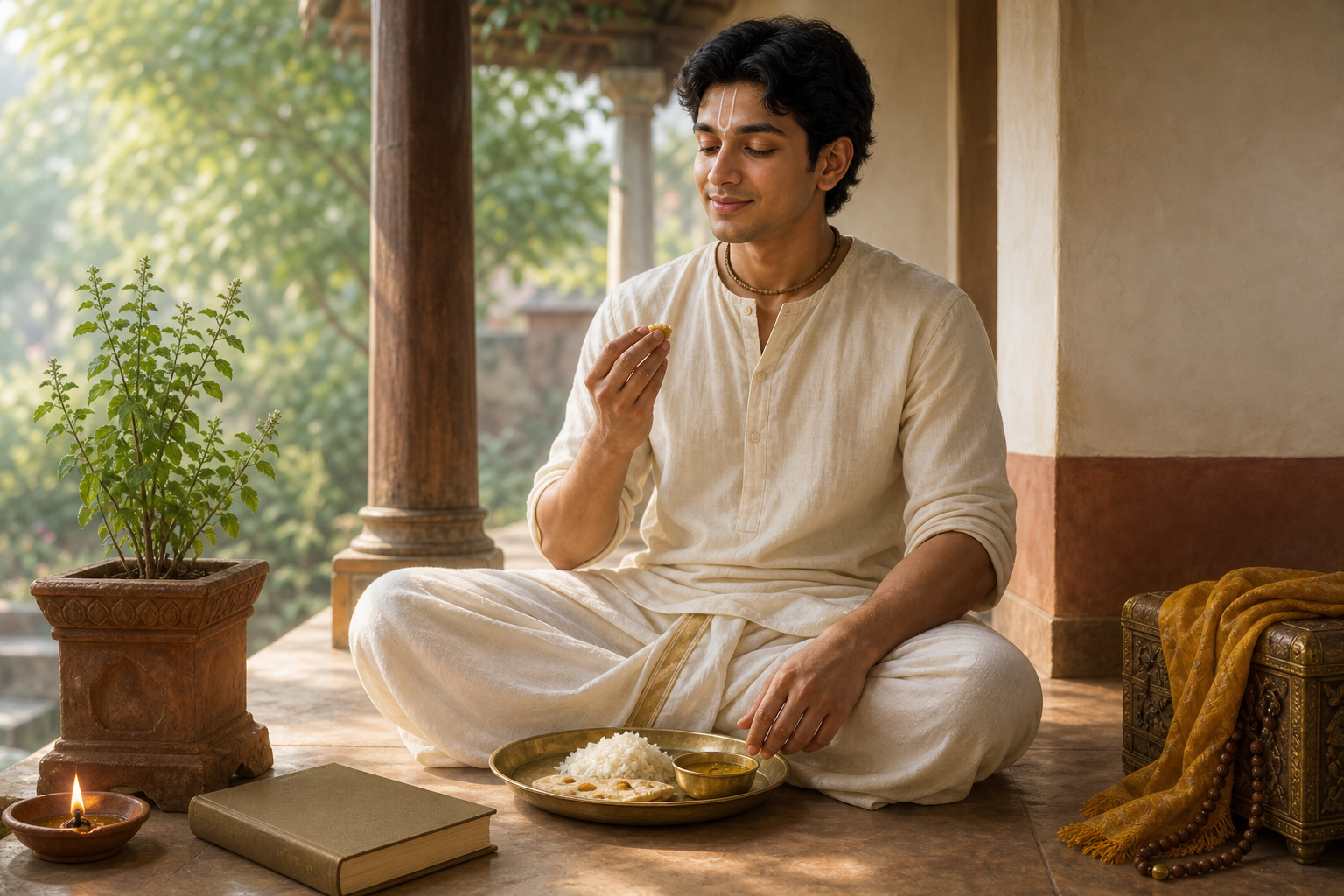 A peaceful devotee sits with a simple meal near a tulasi plant, oil lamp, closed scripture, and an ornate object left aside.
