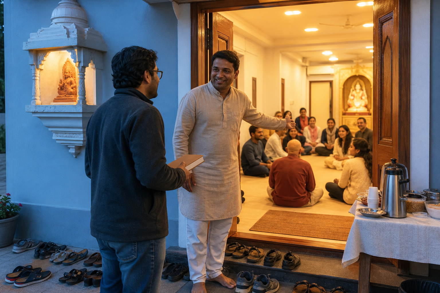 A newcomer carrying an unbranded spiritual book is welcomed through the open door of a Hindu temple where a small group is gathered inside.