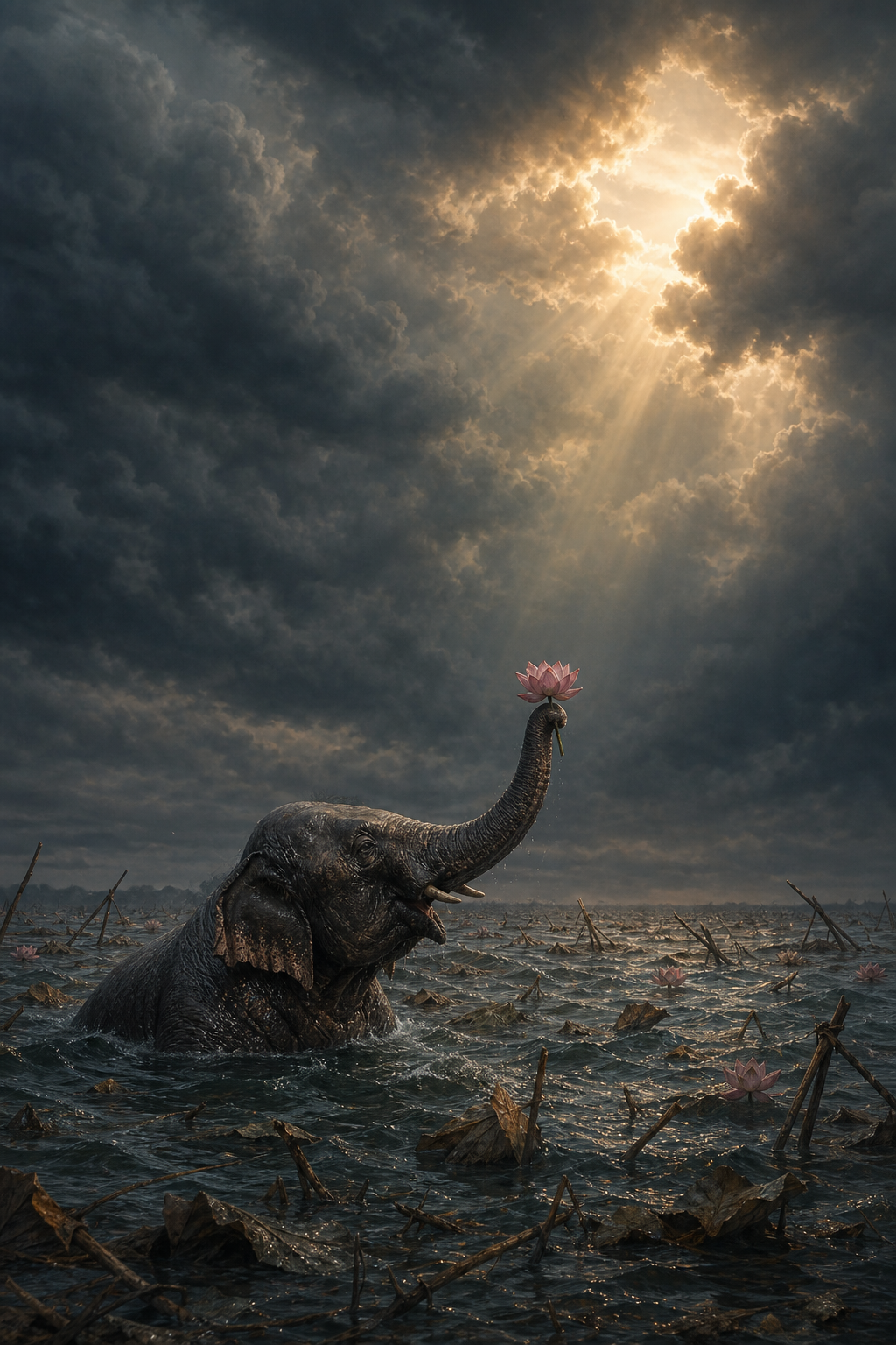 An elephant in a turbulent lotus lake raises a lotus toward golden light opening through dark clouds.