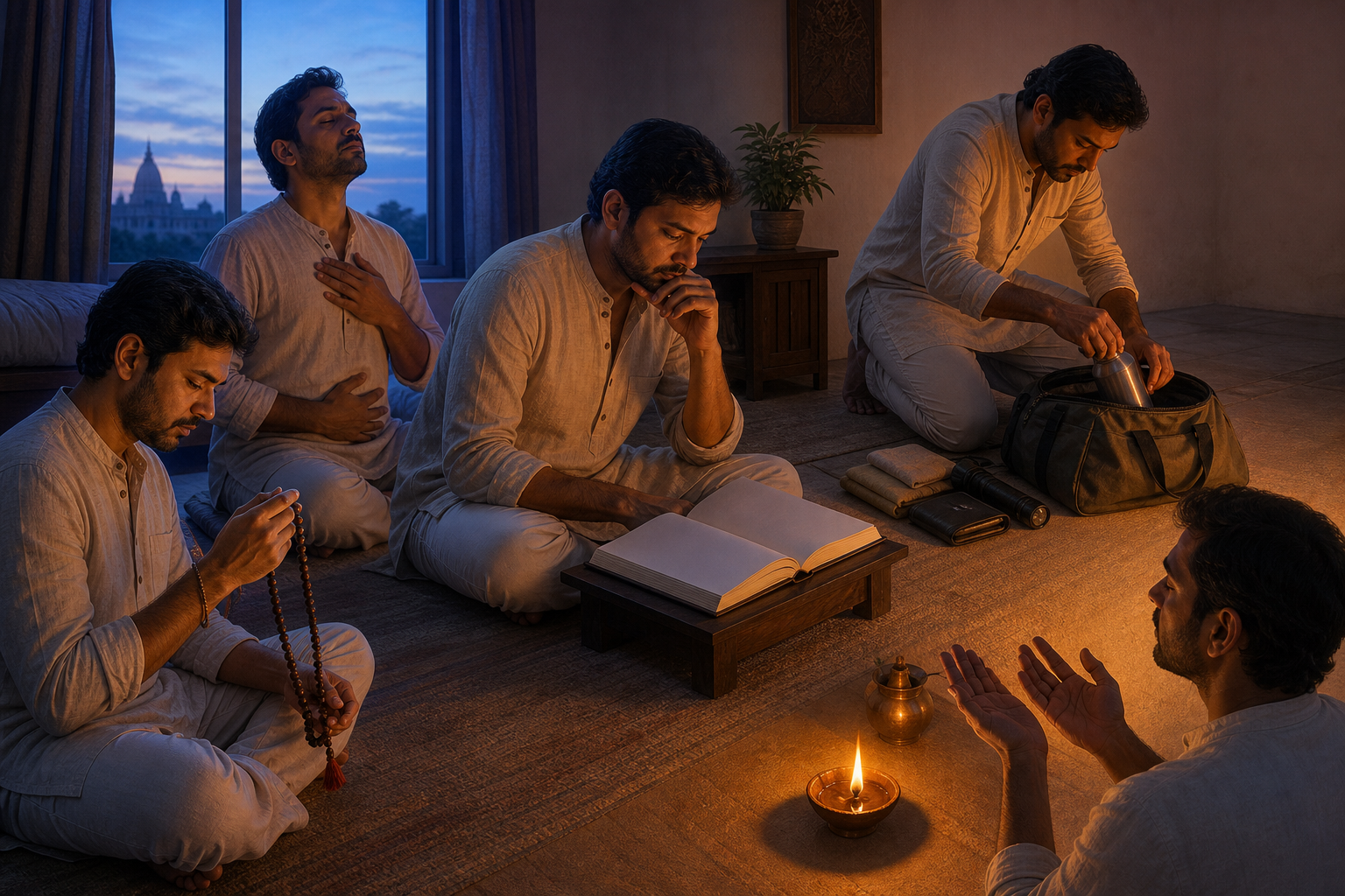 A devotee sits with prayer beads, a blank-paged scripture, an oil lamp, water, and a prepared emergency bag in a predawn room.