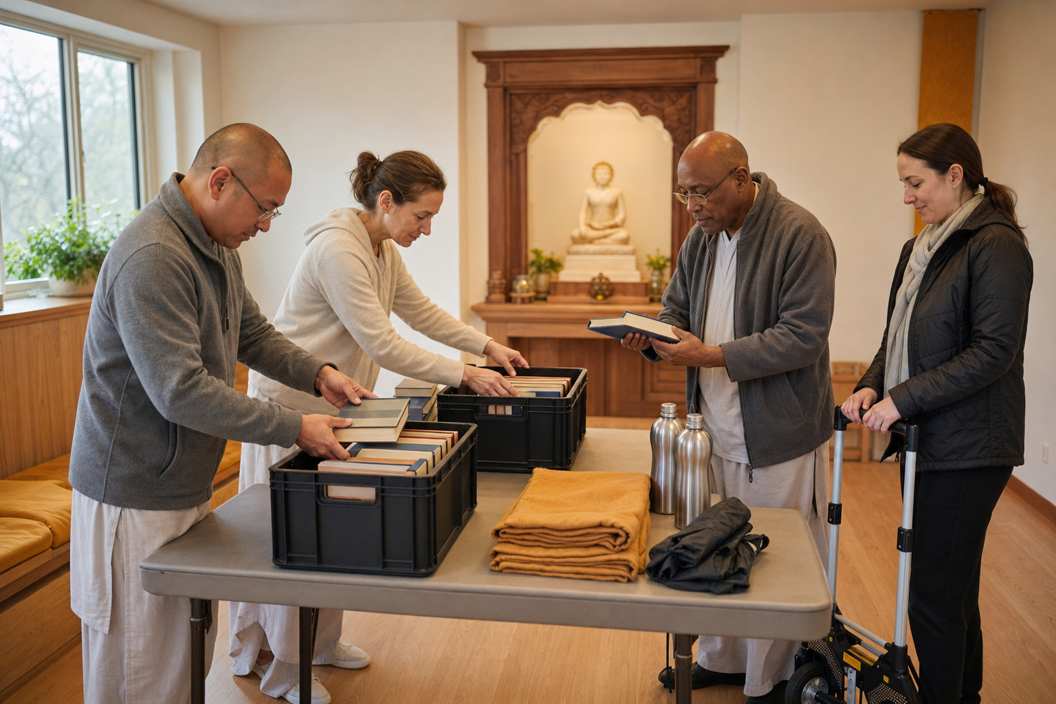 Four temple volunteers organize a modest supply of unbranded books and practical equipment for a small outreach session.