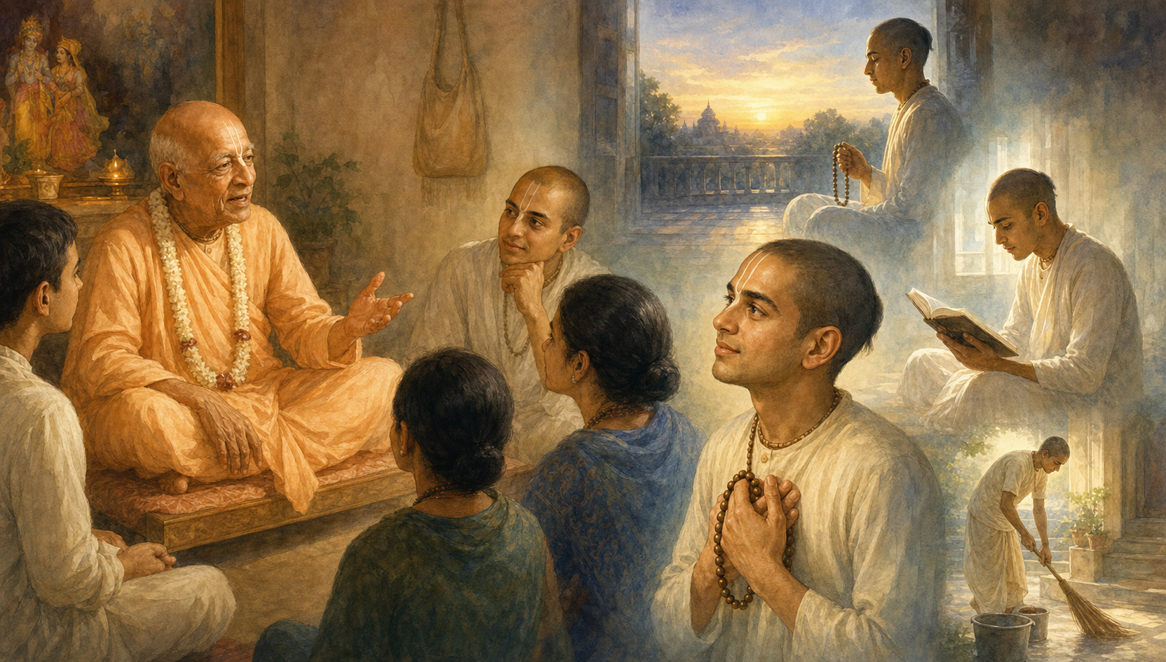 An elderly Vaishnava monk speaks to a circle of devotees as one listener holds prayer beads, with scenes of chanting, reading and service suggested in the background.