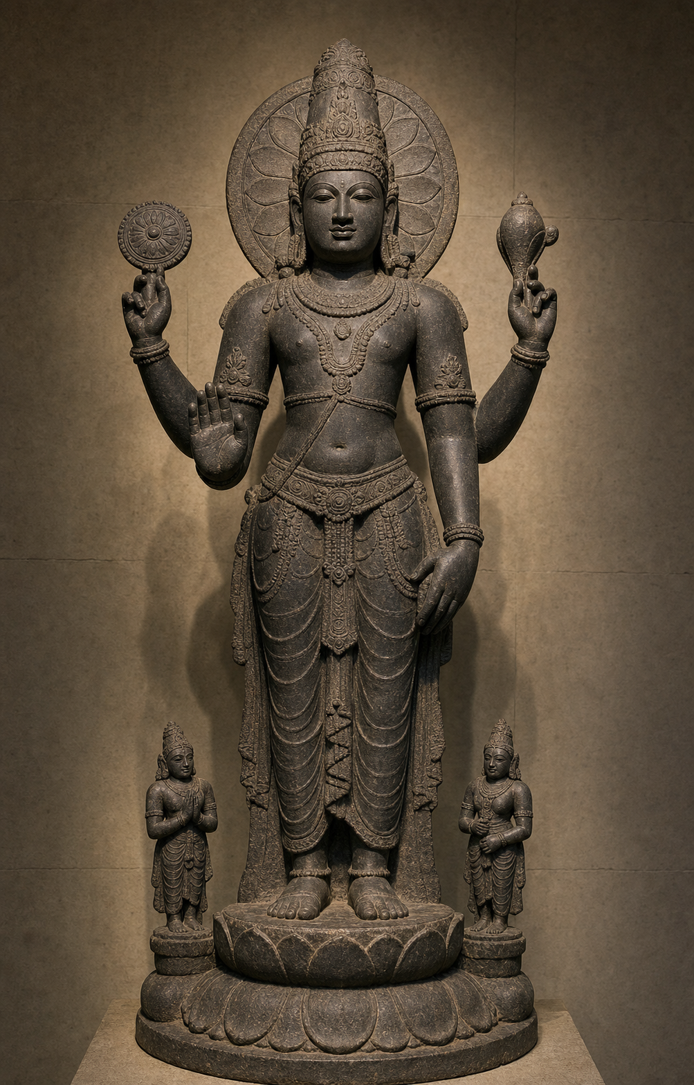 Full-length stone sculpture of four-armed Vishnu standing on a lotus pedestal, holding a discus and conch while one lower palm faces outward.