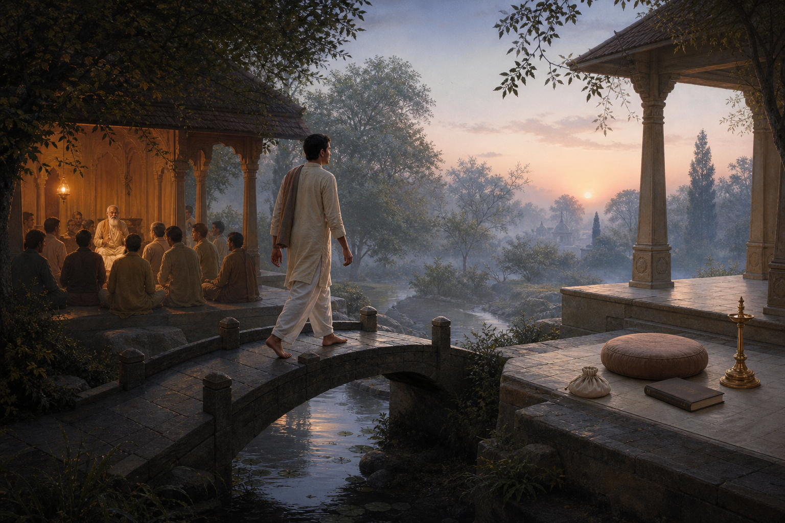 A devotee crosses a garden bridge from an evening spiritual gathering toward a dawn prayer space with beads, a book and a lamp.