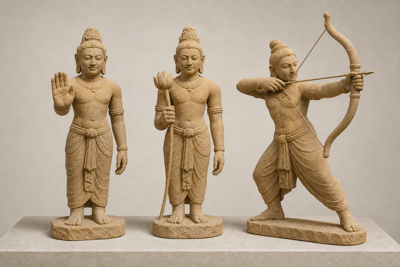 Three sandstone figure studies show an open palm, a hand gripping a lotus stem, and an archer pulling a bowstring.