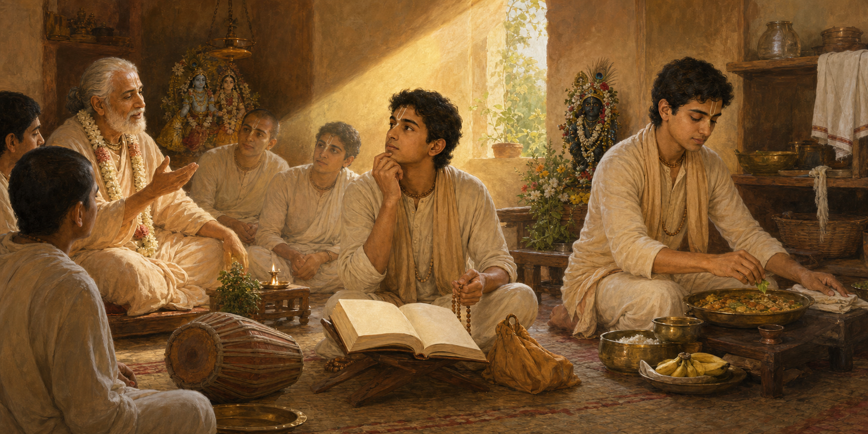 A continuous scene shows a teacher guiding service, a devotee reflecting with a book and beads, and the devotee applying the lesson through chanting and practical service.