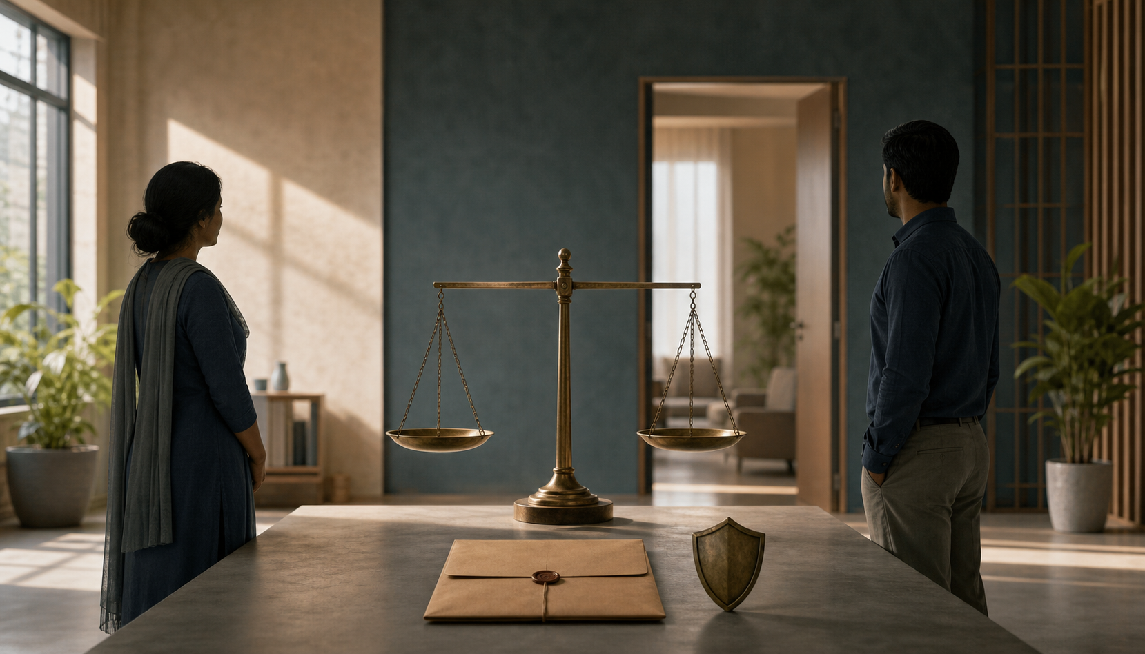 Two anonymous office workers stand on opposite sides of a balanced scale, with an evidence folder and protective shield on a desk between them.