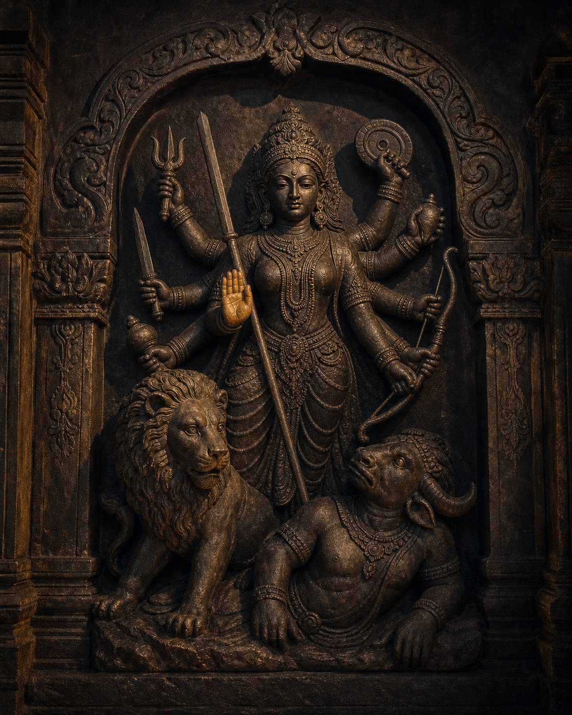 Eight-armed stone relief of Durga with an open palm, an arc of weapons, a lion companion, and a subdued buffalo demon.