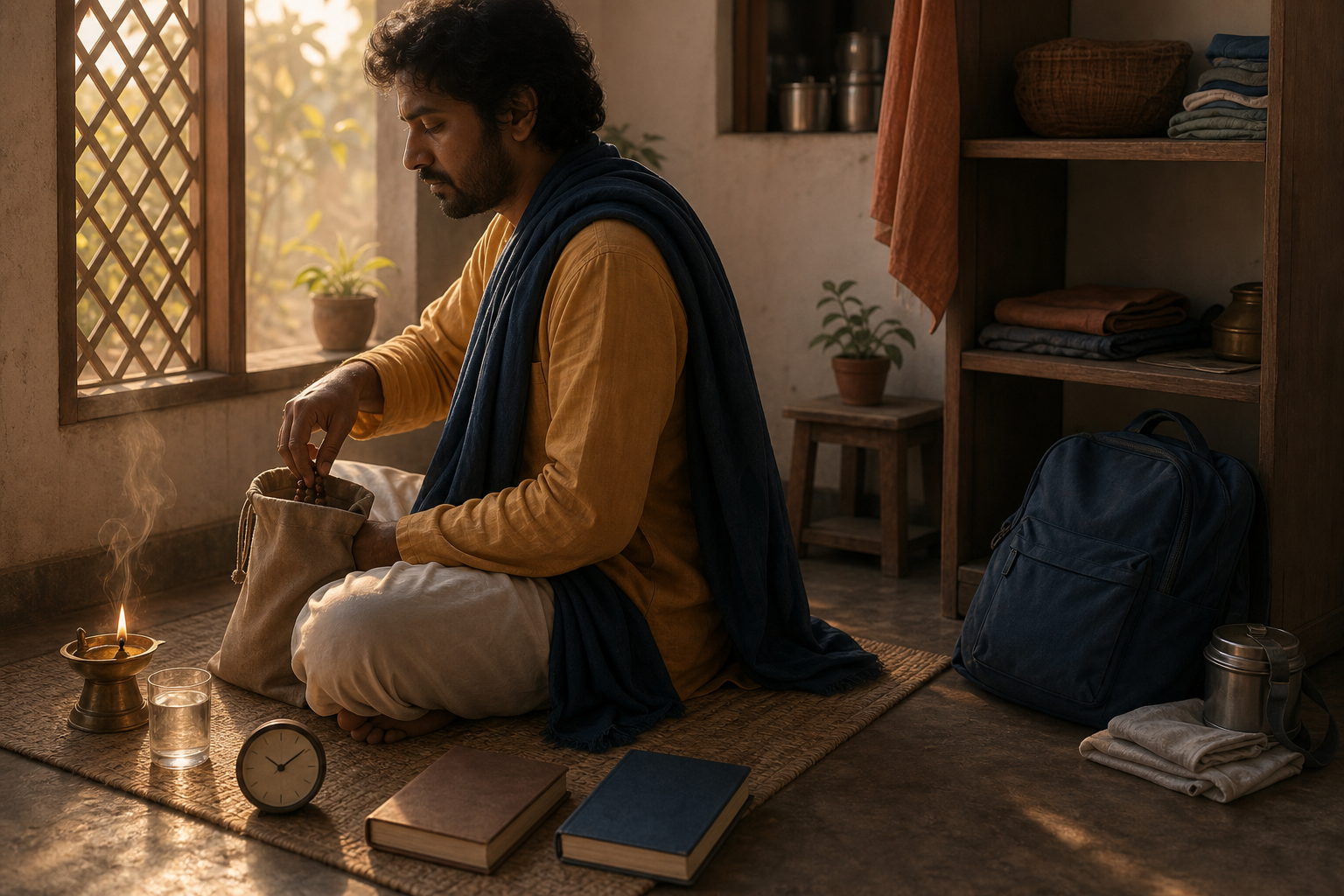 A devotee chants with prayer beads at dawn beside a lamp, books, water and a work bag in a modest home.