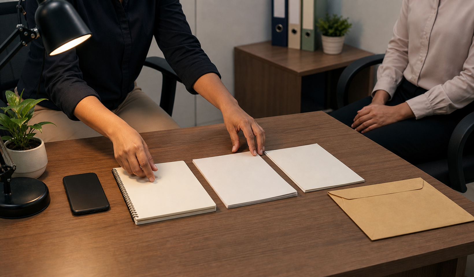 An employee organizes blank notes, documents, a calendar, and a sealed envelope while a support person sits nearby.