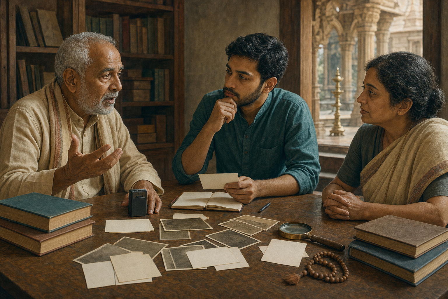 An older devotee records an oral memory while a researcher and another witness examine unlabeled archival materials, books and prayer beads at a wooden table.