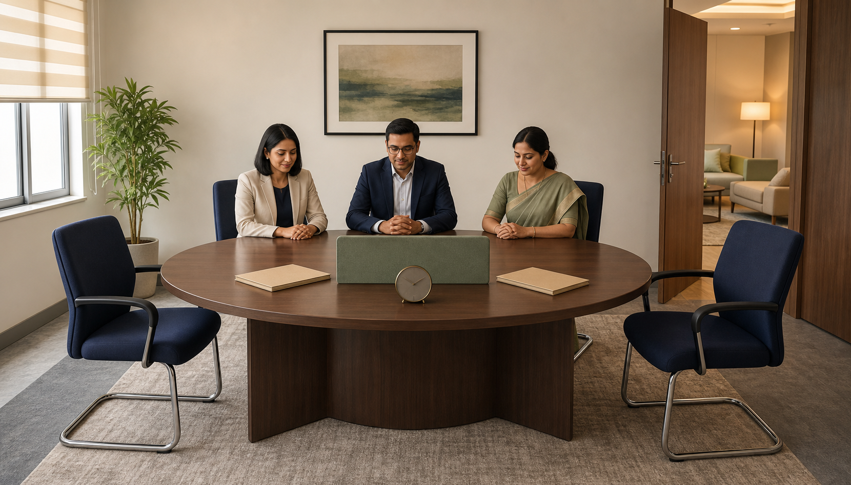 Three committee members sit at a conference table with separate chairs and closed case folders arranged for a formal workplace inquiry.