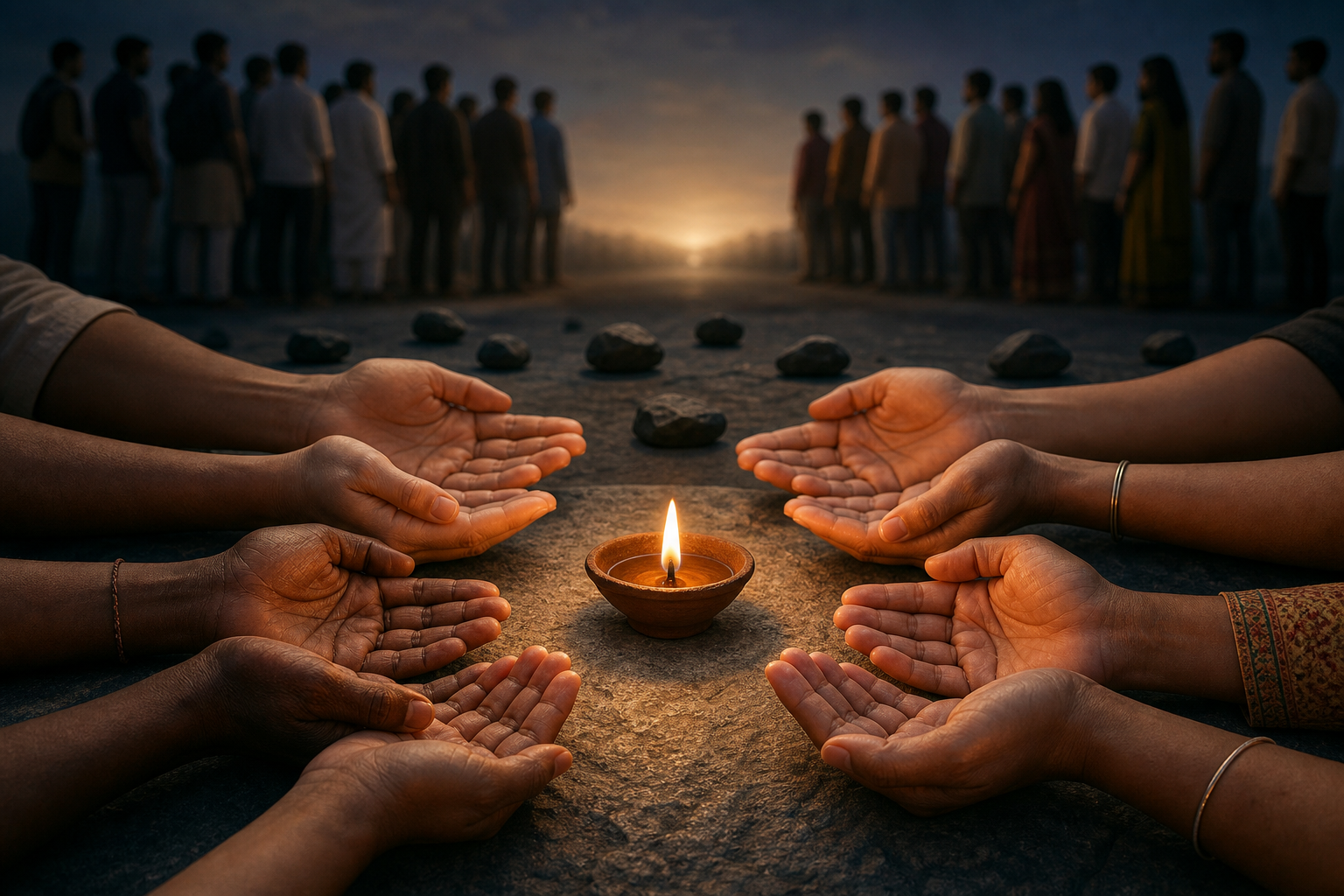 A lit oil lamp is surrounded by open hands while two blurred groups face the shared light from opposite sides.