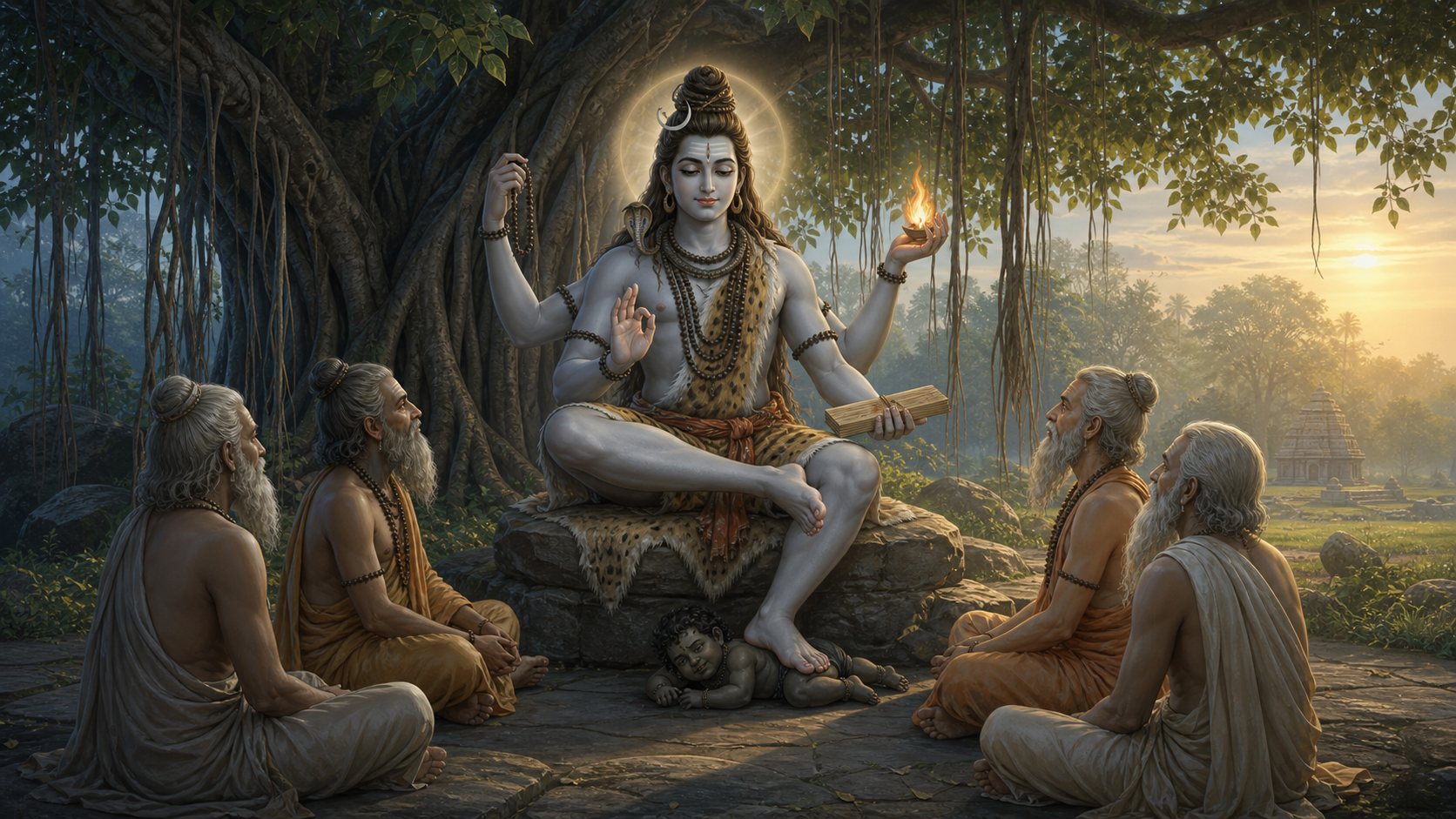 Dakshinamurti sits beneath a banyan tree with four sages gathered before him, holding a manuscript, rosary, and flame while one foot rests on Apasmara.
