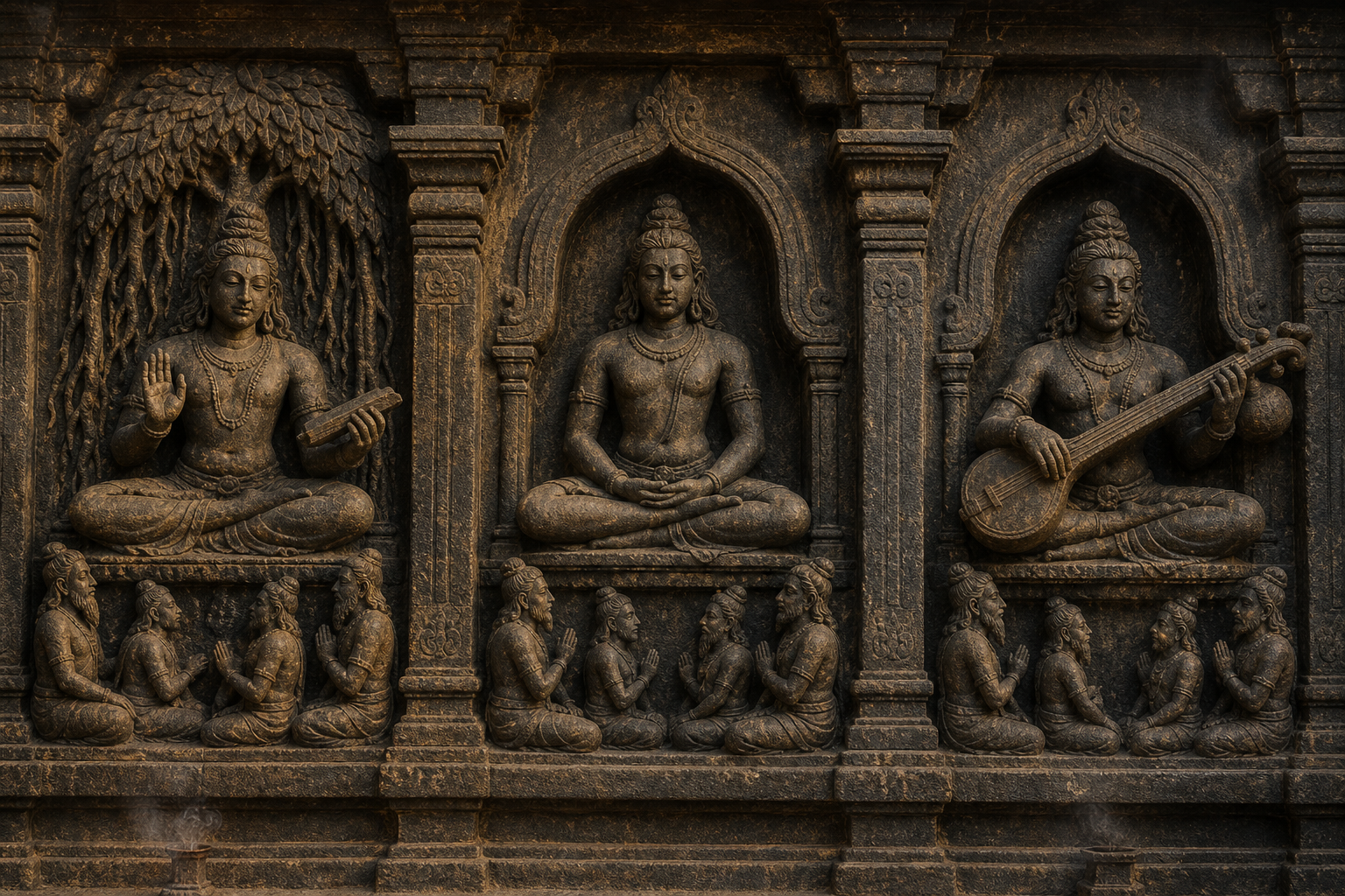 Three carved temple niches show Dakshinamurti teaching with a manuscript, meditating in a yoga posture, and playing a vina.