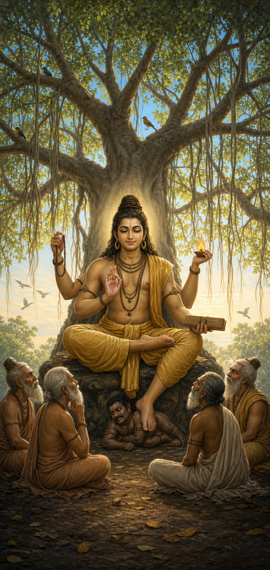 A vertical scene shows a crouching figure beneath Dakshinamurti's foot, four sages seated around the Guru, and a luminous banyan canopy overhead.