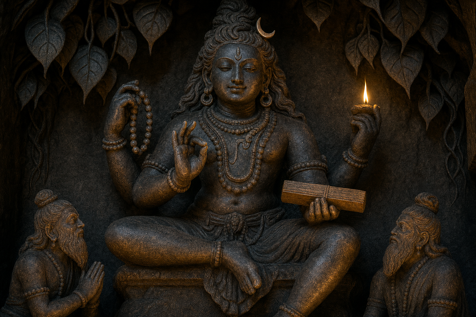 Close view of a stone Dakshinamurti sculpture showing a calm face, chin mudra, palm-leaf manuscript, rosary, flame, banyan carvings, and seated sages.
