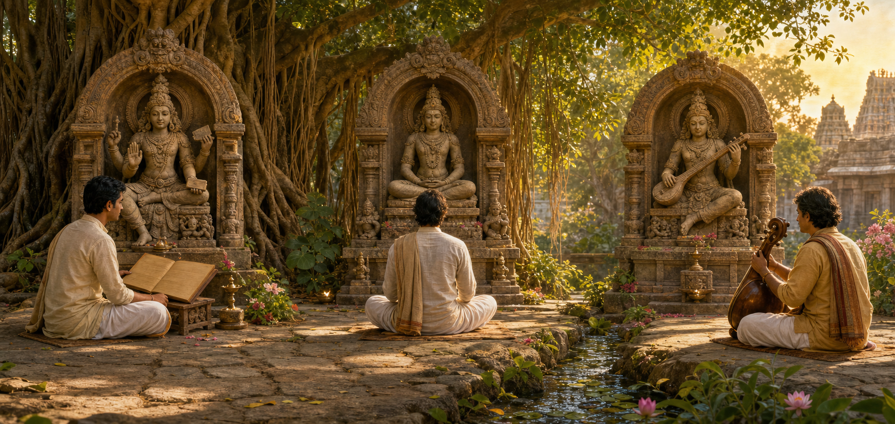 Three practitioners study a manuscript, meditate, and practice music in separate areas of one garden beside teaching, yoga, and vina forms of Dakshinamurti.