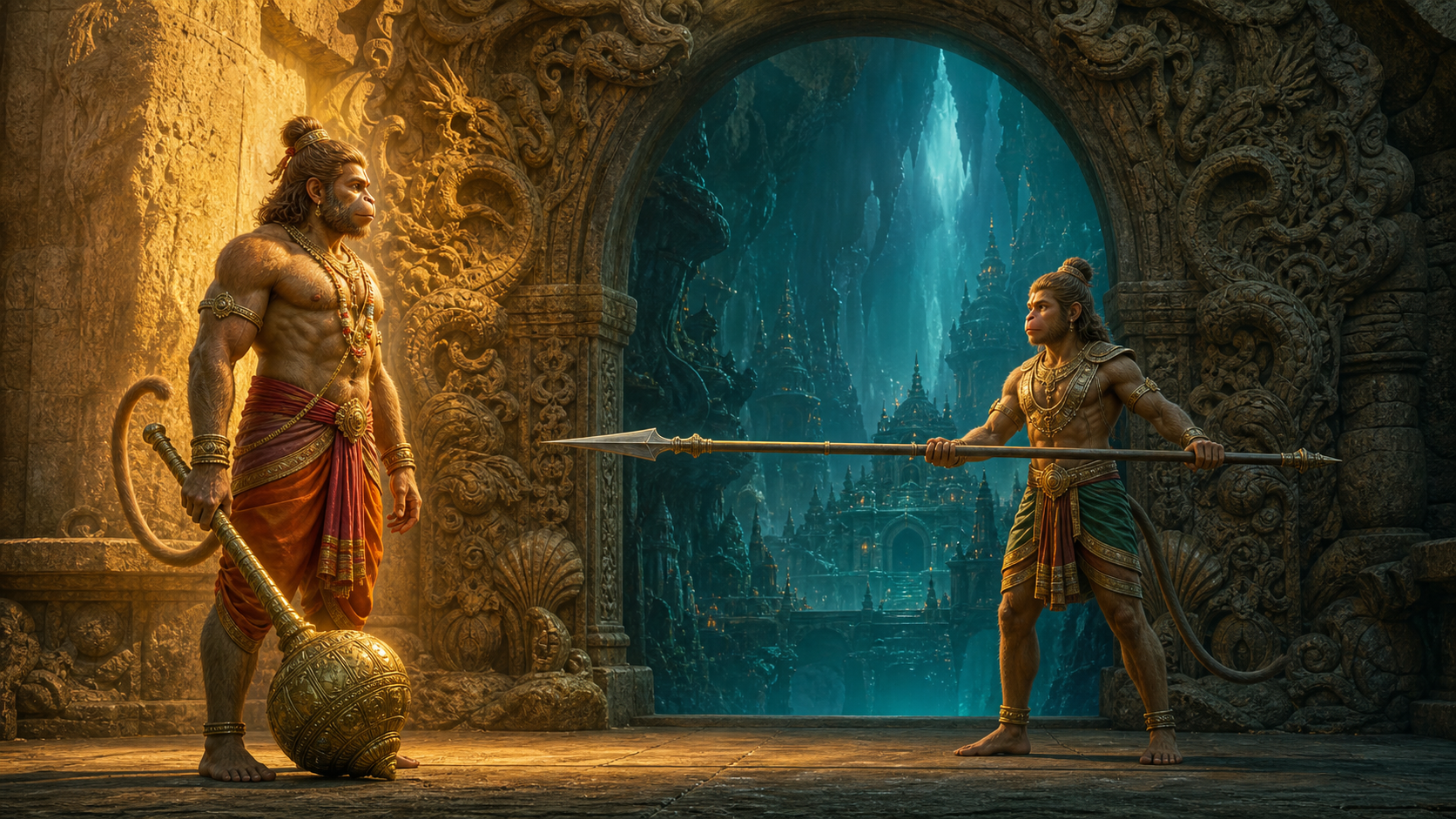 Hanuman and the young vanara guardian Makaradhwaja face one another with lowered weapons at the illuminated stone gate of Patala.