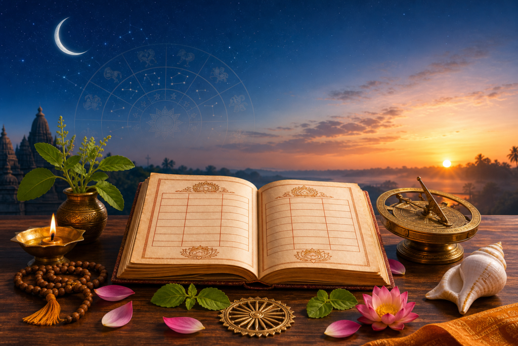 Open Hindu Panchang with diya, tulsi, conch, astrolabe, crescent moon and sunrise for Ekadashi observance