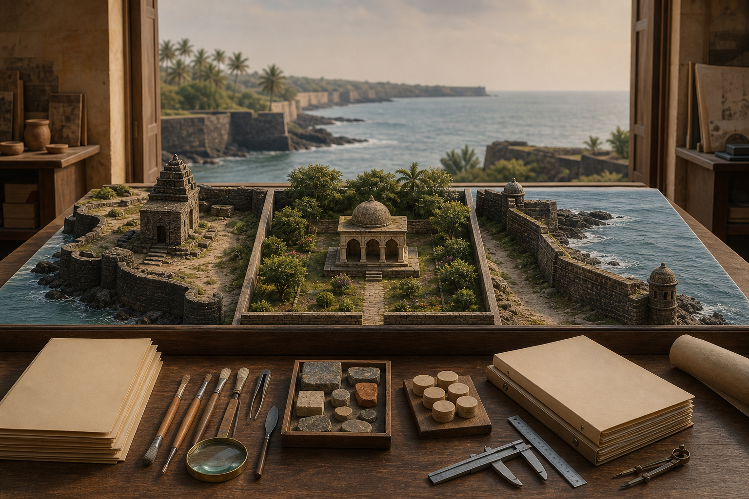 Editorial scene showing a coastal fort shrine, a simple garden tomb, weathered sea ramparts, and conservation tools arranged as parts of a heritage funding decision.