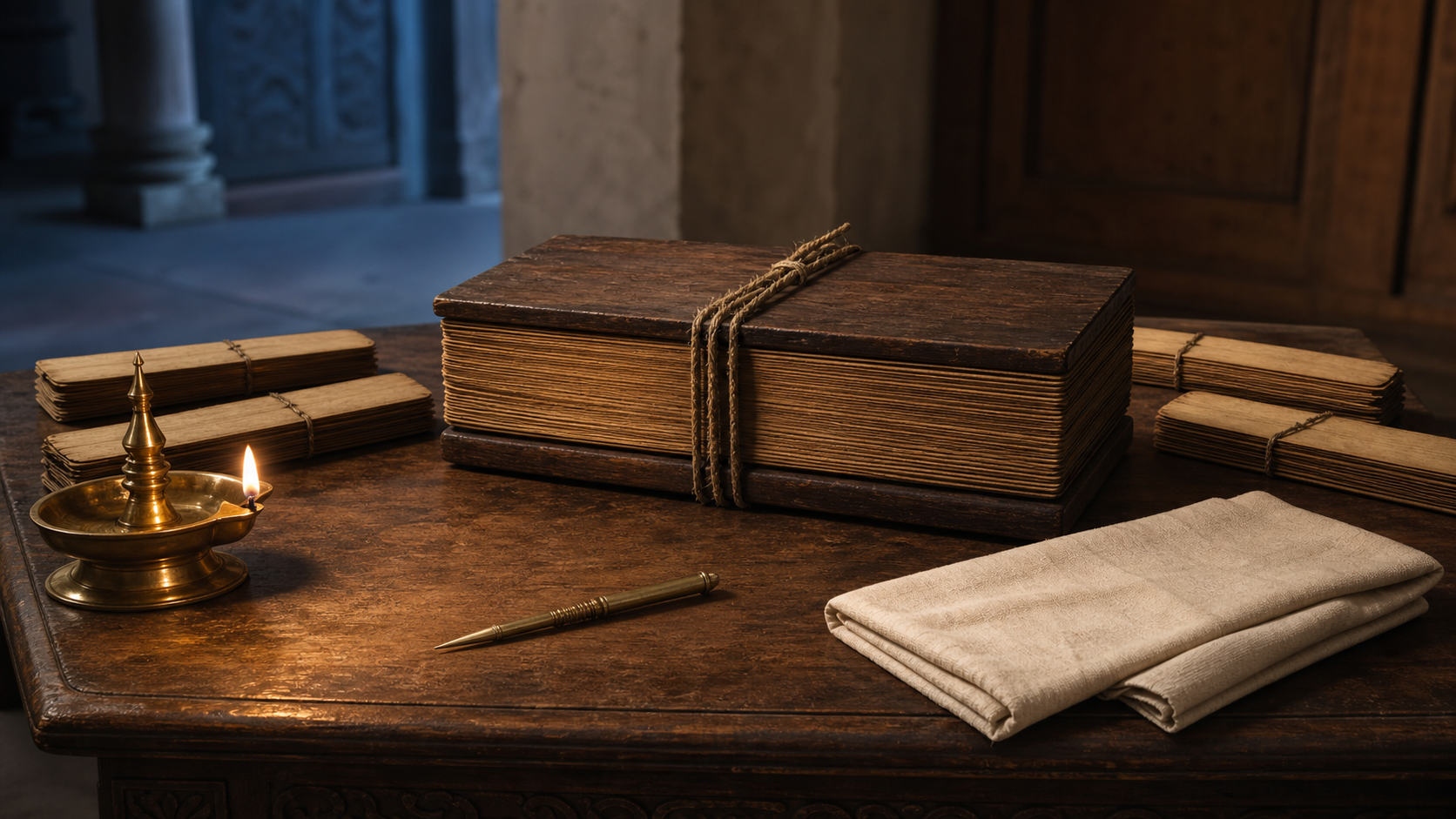 A bundled palm-leaf manuscript, smaller manuscript bundles, a brass oil lamp, and a stylus arranged on a scholar's desk in a traditional South Indian interior.