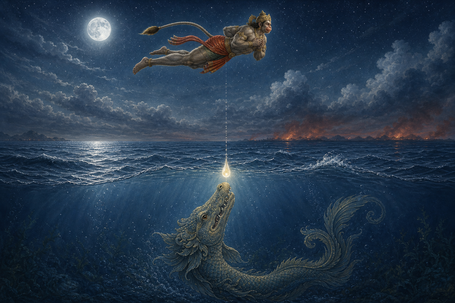 Hanuman flies above the ocean as a glowing drop of perspiration falls toward a mythic aquatic makara beneath the waves.