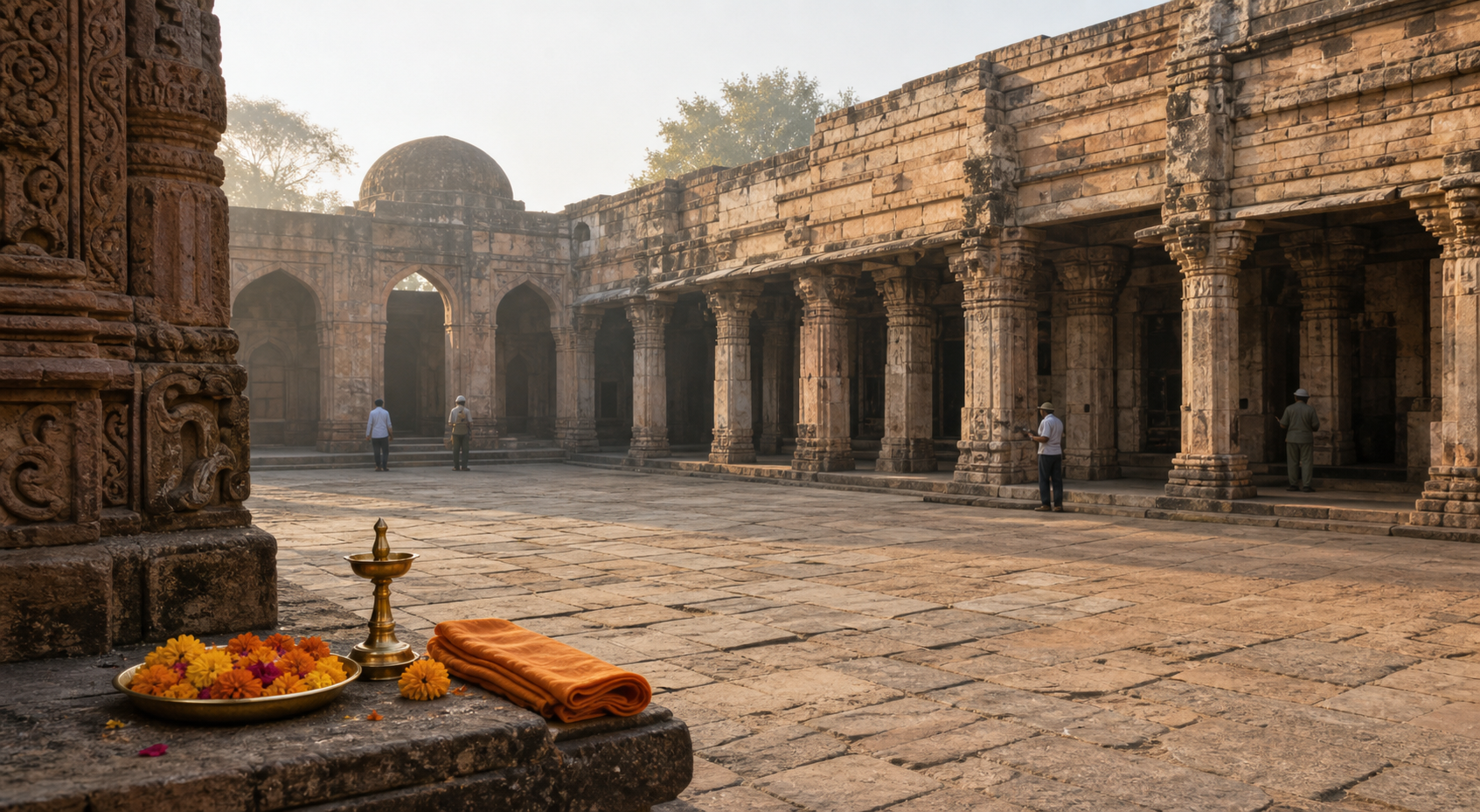 Weathered stone pillars and arches surround the Bhojshala courtyard, with marigold flowers and a brass lamp arranged in the foreground.