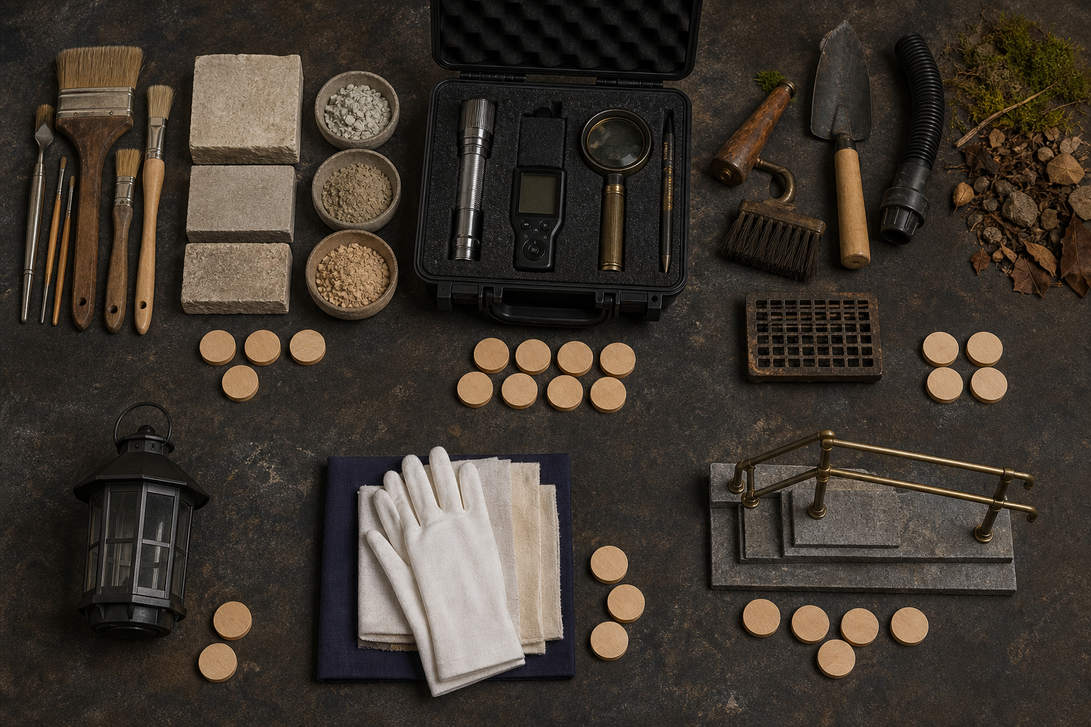 Overhead arrangement of masonry, inspection, drainage, security, archival, and accessibility tools with unmarked wooden funding tokens.