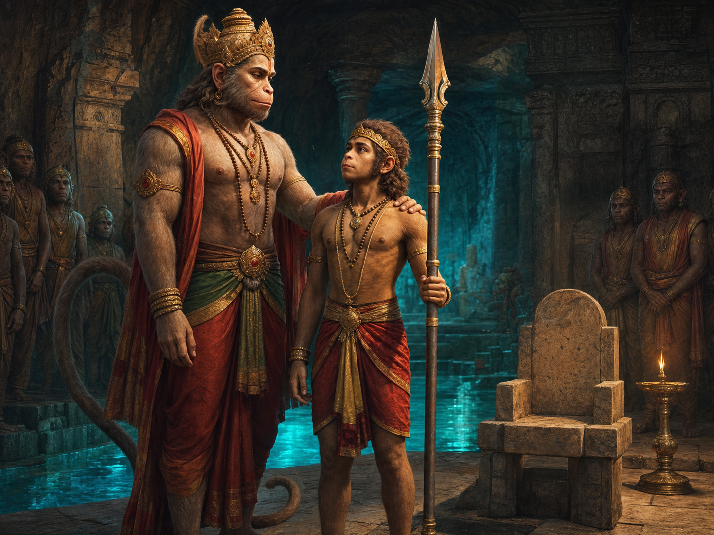Hanuman rests a hand on Makaradhwaja's shoulder as the young vanara warrior accepts responsibility in a subterranean court.