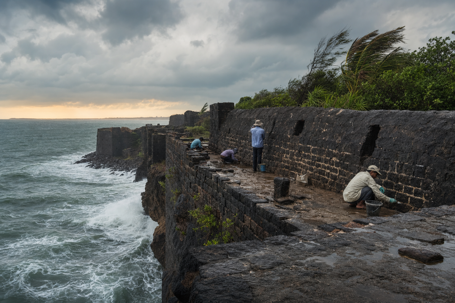 Conservators inspect weathered basalt masonry and drainage on Sindhudurg Fort as waves and monsoon clouds surround the coastal site.