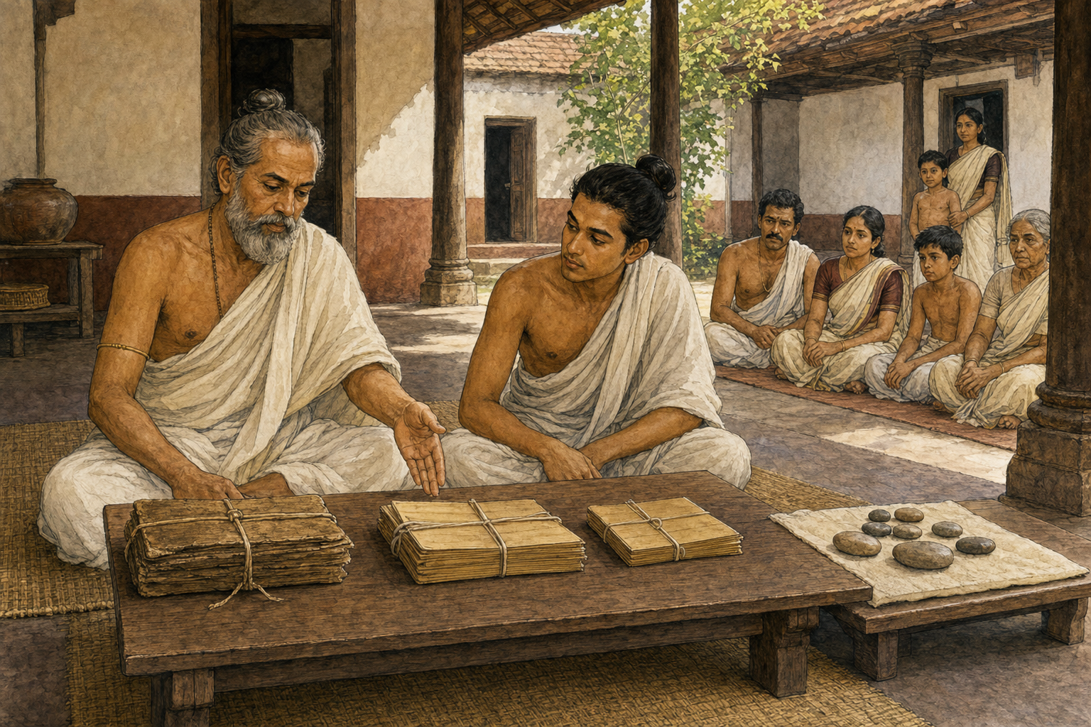 Two scholars compare grouped palm-leaf bundles at a low desk while members of a household wait in a shaded courtyard.