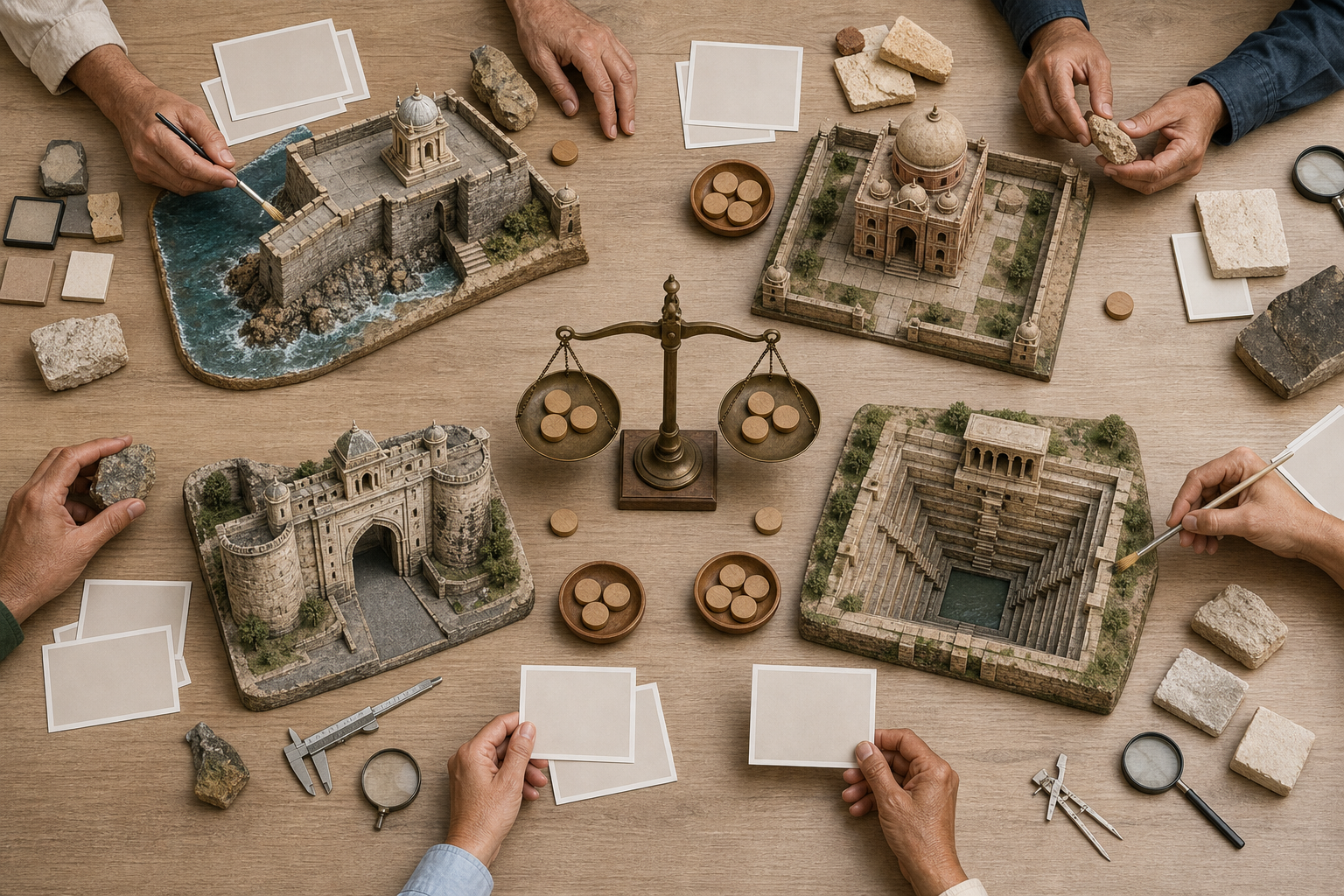 Anonymous reviewers compare models of four heritage sites using condition samples, inspection tools, risk markers, and unmarked allocation counters.